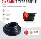 16.5Ft Universal Car Weather Stripping - T-Shape Rubber Edge Trim (5x7mm), Self-Adhesive Automotive Sealing Strip for Windshield, Bumper, Fender Flare & Side Skirt, Soundproof & Waterproof