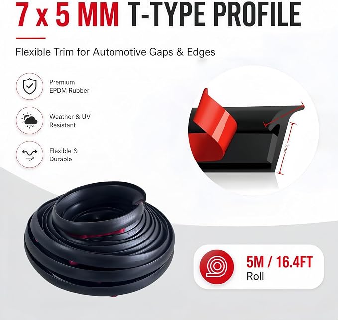 16.5Ft Universal Car Weather Stripping - T-Shape Rubber Edge Trim (5x7mm), Self-Adhesive Automotive Sealing Strip for Windshield, Bumper, Fender Flare & Side Skirt, Soundproof & Waterproof