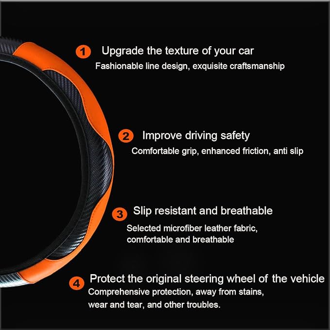 Ultra Fine Carbon Fiber Leather Steering Wheel Cover, Anti Slip and Sun Protective Protect The Steering Wheel, Easy to Install,Universal of 14.5"-15" (Orange)