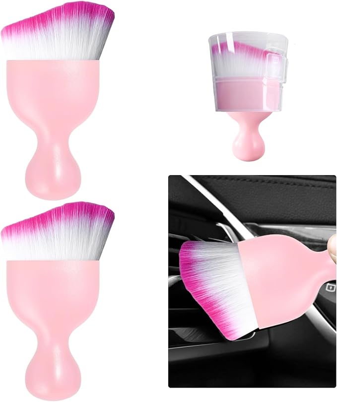 2 PCS Car Detailing Brush, Curved Soft Bristles Auto Removal Dust Collectors, Universal Vehicle Dashboard, Air Conditioner Vents etc Interior Cleaning Tool Accessories (Pink/White/Red)