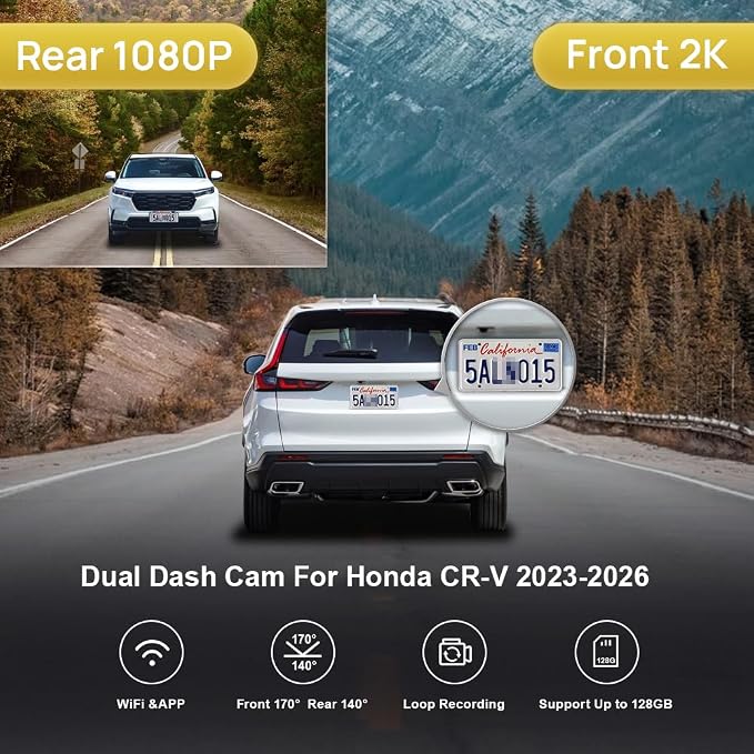 Front 2K+Rear 1080P Dash Cam Adapts for Honda CR-V 2023-2026 Hybrid (Grey), OEM Factory Style, Dual HD Video, WiFi & APP, Loop Recording, Collision Detection, Easy to Operate, 64GB Card