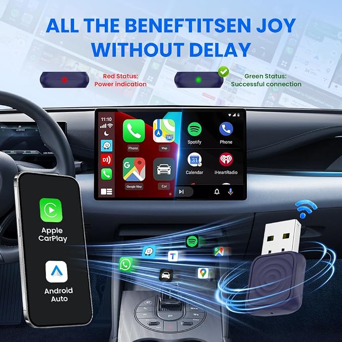 Mini Ultra 2-in-1 Wireless Android Auto for Android 11+ & Wireless CarPlay Adapter for iOS 10+, USB-C/A, Plug & Play, Low Latency, Mini USB Design for OEM Cars, Dark Blue