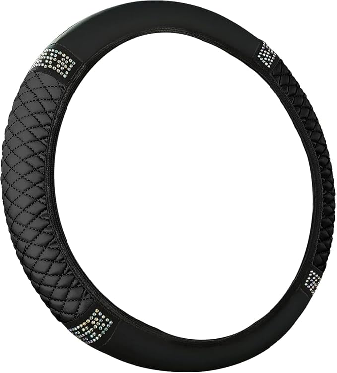 Bling Car Steering Wheel Cover, 15 Inch Rhinestones Soft Leather Elastic Steering Wheel Protector, Sparkly Crystal Diamond for Women, Car Interior Accessories for Most Cars (Black)