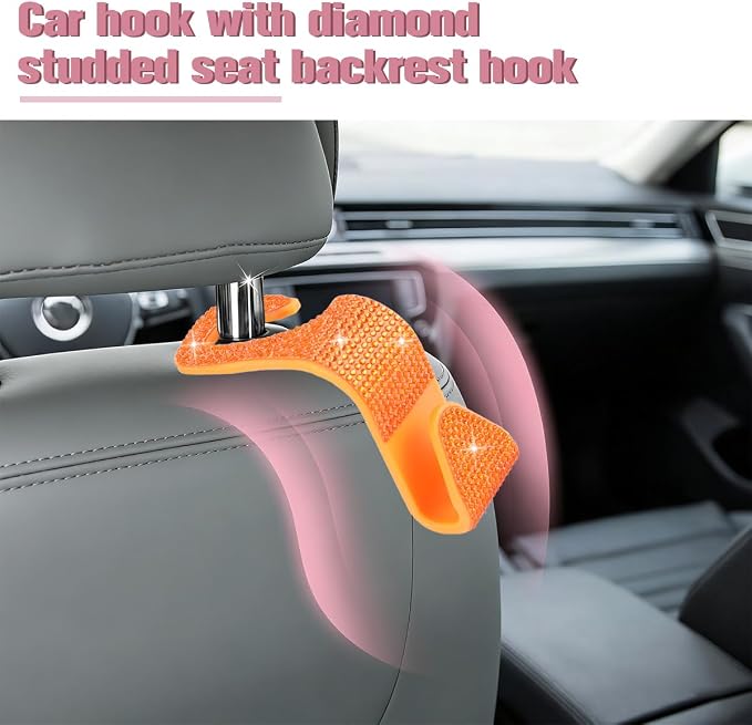 4PCS Bling Car Seat Headrest Hook, Crystal Rhinestone Backseat Hanger Organizer for Purse Handbag Umbrella, Shiny Auto Interior Seat Back Storage Holder Hook, Universal Fit (Orange)
