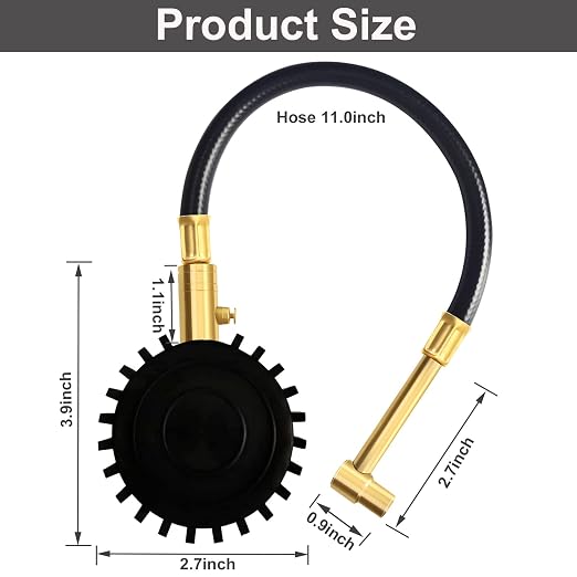 Motorcycle Tire Pressure Gauge 60 PSI, 2’’ dial Mechanical Tire Gauges with 90 Degree Right Angle Chuck Flexible Hose, Tires Guages for Pressure Glow in The Dark for Cars, Motos, Bicycles