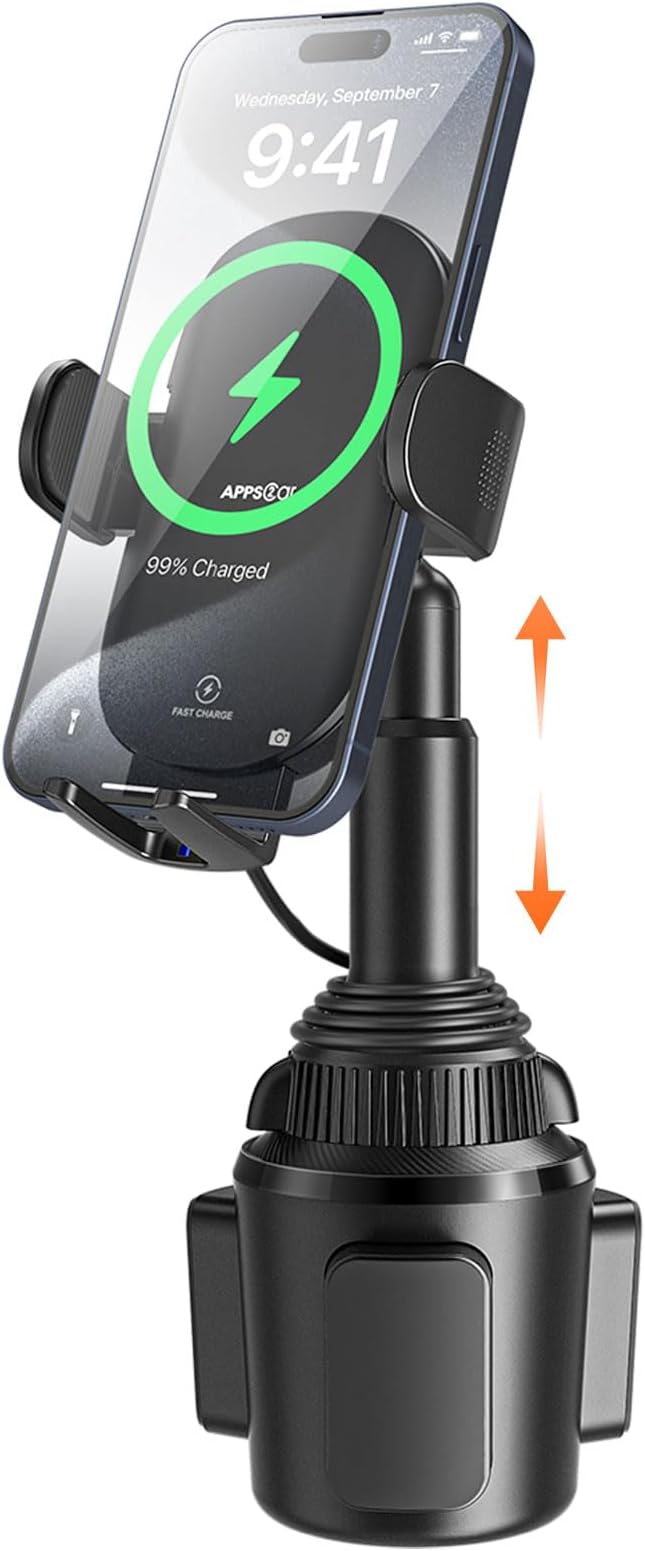 15W Qi Wireless Car Charger Solid Cup Holder Mount, Adjustable Long Arm & 360° Rotation, Fits 3"–4" Round Cup Holders, Works with Cases ≤ 4 mm (No Metal Attachments)