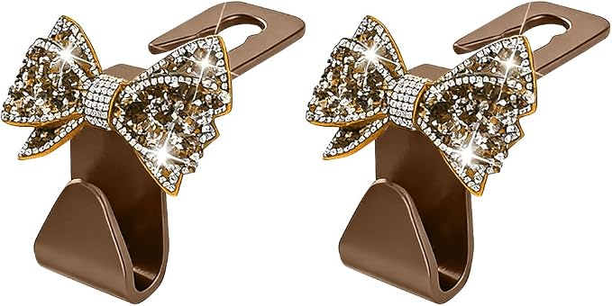 Zpana Bling Car Headreat Hook, 2PCS Crystal Rhinestone Cute Bow Vehicle Seat Back Hanger Storage for Purses Bags Grocery, Diamond Auto Rear Seat Organizer, Universal for SUV Truck Sedan (Gold)