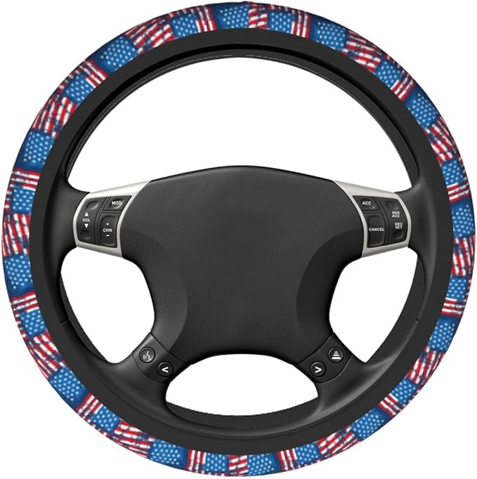 Blue American Flag Patriotism Steering Wheel Cover Car Accessories Cute for Women Girls Girly Universal 15 Inch Neoprene Auto Interior Decor Anti Slip Car Truck Protector