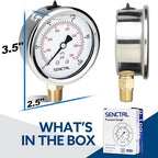 100 Psi Lead-Free Glycerin Liquid Filled Low Pressure Gauge, 2.5" Dial Size, 1/4" NPT Lower Mount, Stainless Steel Case, for Home Potable Water Pump, Air, Well, RV Hose, Pressure Test