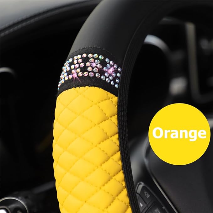 Bling Car Steering Wheel Cover, 15 Inch Rhinestones Soft Leather Elastic Steering Wheel Protector, Sparkly Crystal Diamond for Women Girls (Yellow)