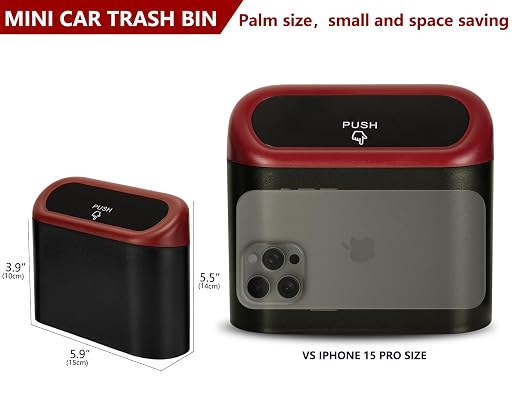 Mini Car Trash Can with Lid, Small Car Garbage Can, Cute Leakproof ABS Car Trash Bin, Car Accessories for Interior, Garbage Bin for Car, Home, Office with 60pcs Trash Bags Black/Red