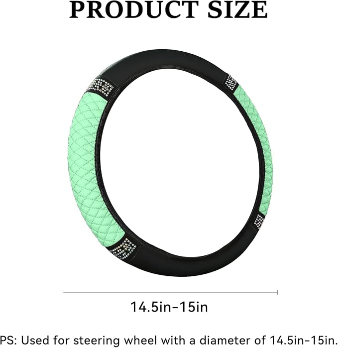 Bling Car Steering Wheel Cover, 15 Inch Rhinestones Soft Leather Elastic Steering Wheel Protector, Sparkly Crystal Diamond for Women, Car Interior Accessories for Most Cars (Green)