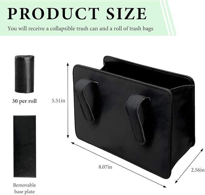 Car Trash Can, Foldable Leather Automotive Garbage Bin Organizer Holder with One Roll Trash Bag, Multi-Function Mini Hanging Dustbin Storage Bag Container for SUV Truck RV (Black)