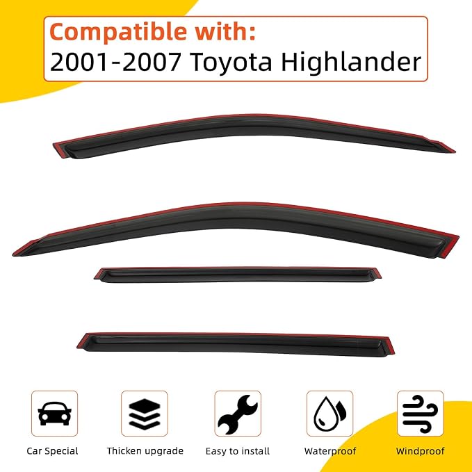 Rain Guards Compatible with 2001-2007 Highlander Tape-On Side Window Visor Wind Deflector Vent Visors Car Accessories 4pcs