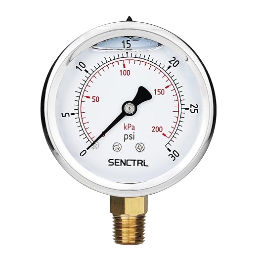 0-30 PSI Glycerin Liquid Filled Low Pressure Gauge, 2.5" Dial Size, 1/4 NPT, Stainless Steel Case, Lower Mount, for Water Oil Air Pressure Test