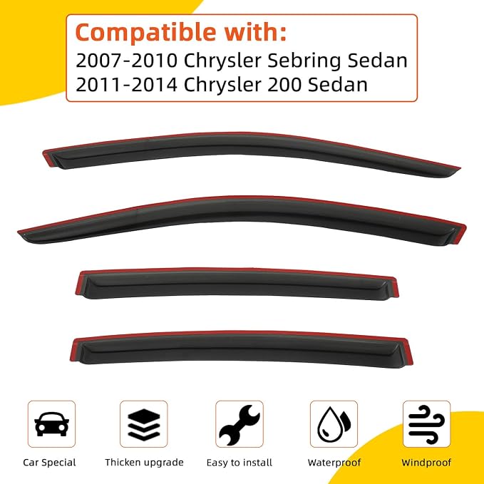 Rain Guards Compatible with 2007-2010 Chrysler Sebring, for 2011-2014 Chrysler 200 Sedan Acrylic Tape-On Side Window Visor Wind Deflector Vent Visors Car Accessories 4pcs