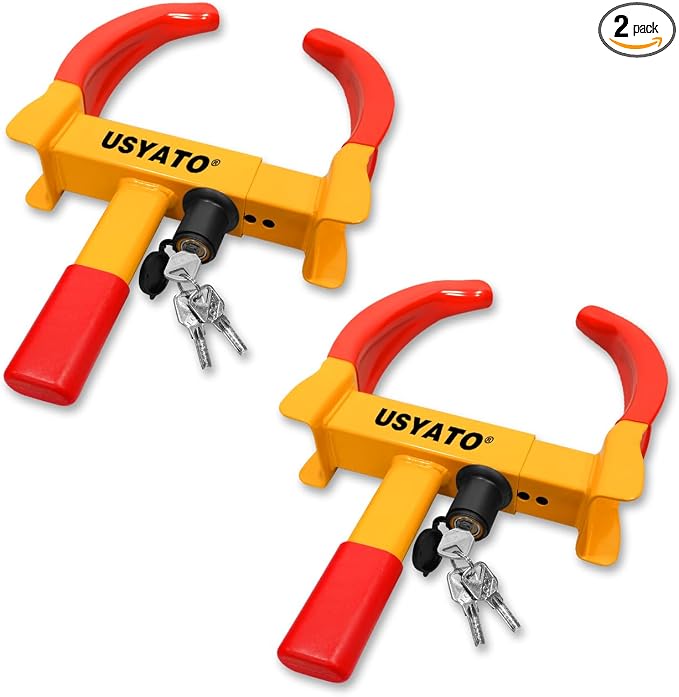 2Pcs Universal Heavy Duty Wheel Lock - Anti Theft Trailer Lock & Car Boot, Adjustable Security Tire 11.4" for Trailers, Cars, Golf Cart, ATV, SUV, RV, Boat, Camper, Motorcycle,6 Keys,Yellow+Red