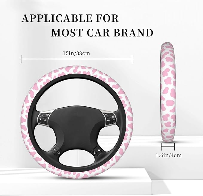 Pink Cow Steering Wheel Cover Anti-Slip and Practical 14.5-15 Inch Universal Car Steering Wheel Cover with 2 Pieces Car Coasters Suitable for Men Women