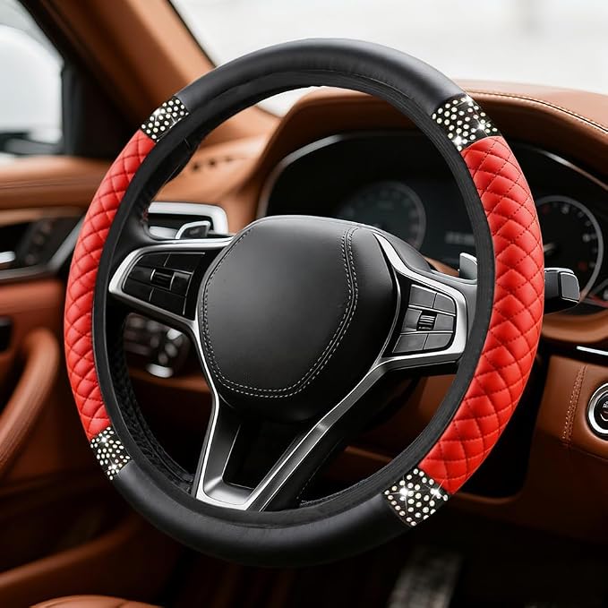 Bling Soft Leather Steering Wheel Cover, Steering Wheel Protector, 15 Inch Rhinestones Car Elastic Protector with Crystal Diamond for Women Girls, Car Accessory for Vehicles (Red)