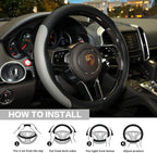 Steering Wheel Cover, Microfiber Leather Splicing with Classic Embossing,Contrasting Colors Anti-Slip Breathable Auto Car Steering Wheel Cover Fit 15 Inch Car Wheel Protector (Black&Gray)