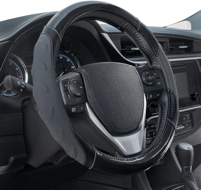 GripPlus Black Carbon Fiber Steering Wheel Cover, Standard 15 inch Size, Advanced Traction Grip, Car Steering Wheel Cover for Truck Van SUV Auto