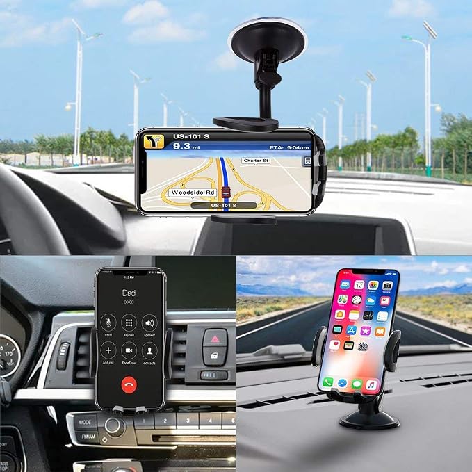 Car Phone Holder Mount, 3-in-1 Universal Cell Phone Holder Car Air Vent Holder Dashboard Mount Windshield Mount Fit for iPhone 17 16 15 14 13 Pro Max, Samsung S24 S23 LG Sony and More