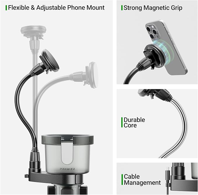2-in-1 Car Cup Holder Expander for Phone MagSafe, Upgraded Cup Holder Phone Mount for Car with Adjustable Base, Compatible with Yeti 20/26/30 oz, Hydroflask 32/40 oz (Transparent Black)