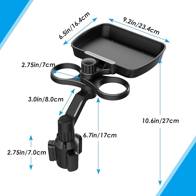 4-in-1 Car Cup Holder Expander, Universal Tray with Phone Mount for Truck | Compatible with 2.6"-3.94" cup holders. Large food tray fits snacks, drinks & devices.