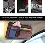 Car Sun Visor Organizer, Soft Leather Vehicle Sunshade Glasses Storage Bag with Net Zipper, Automotive Multi-Pocket Organizer for Drive License Card Glasses Document (Brown)