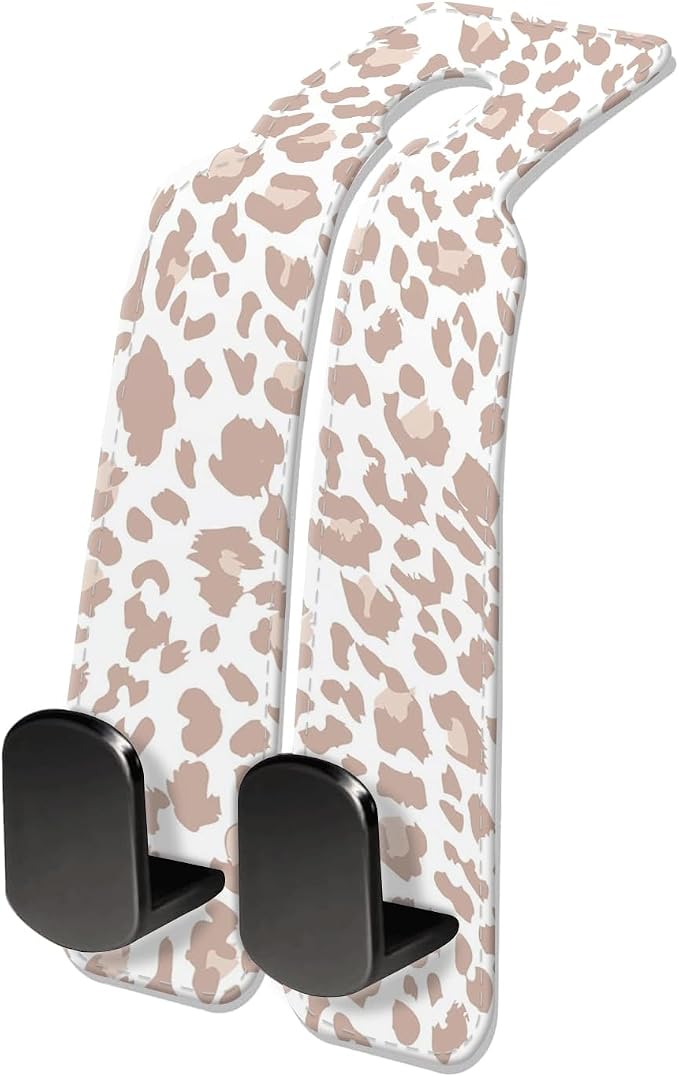Car Seat Headrest Hook, Universal Leather Cute Hanger Holder Hook, Storage Organizer Interior Accessories for Purse Bags Handbag White Cute Leopard
