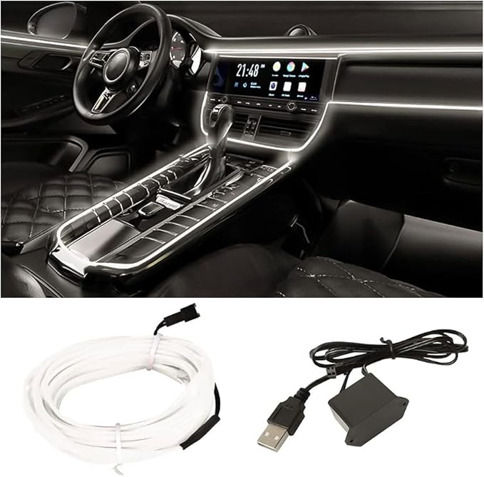 EL Wire Interior Car LED Strip Lights, USB Car Neon Light Strip with Sewing Edge, 16FT Neon Light 5V with Fuse Protection, Electroluminescent Car Indoor Decorations (White)