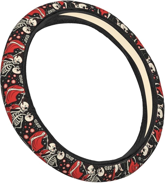 Skull Skeletons Fall in Love Dancing Steering Wheel Covers Anti-Slip Elasticity Car Accessories Steering Wheel Protector Universal 15 Inch for Cars SUV Vehicle Truck