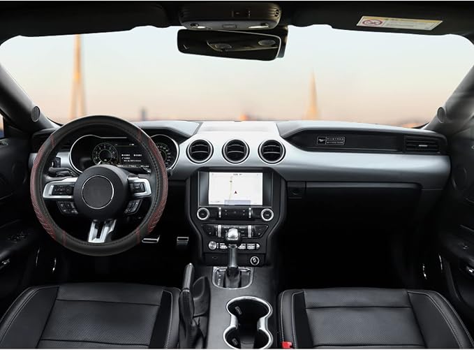 Car Steering Wheel Cover for Ford Escape,Explorer,Fusion,Focus,Bronco,Transit,Edge(Diamond Quilted - Black+Red- Standard Size)