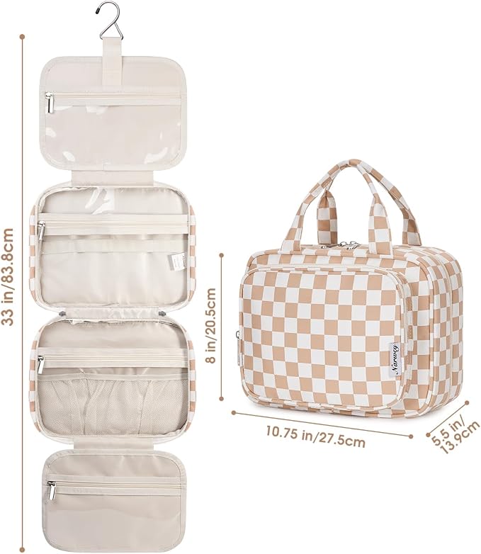 Hanging Toiletry Bag for Women Travel Makeup Bag Organizer Toiletries Bag for Travel Size Essentials Accessories Cosmetics (Light Checkerboard (Medium))