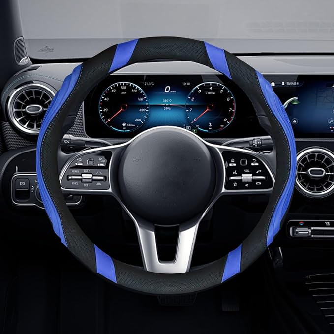 Car Steering Wheel Cover, 15 Inch Leather Anti-Slip Breathable Automotive Steering Wheel Protector, Universal Heat Resistant Vehicle Interior Accessories Cars, SUVs, Trucks(Blue)