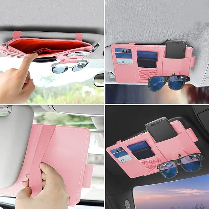 1 Pack Car Sun Visor Organizer, Sunglasses Holder for Car Sun Visor, Auto Interior Accessories Pocket Organizers Can Store for Sunglasses, Documents, Cards, Pen, Drivers License (Pink)