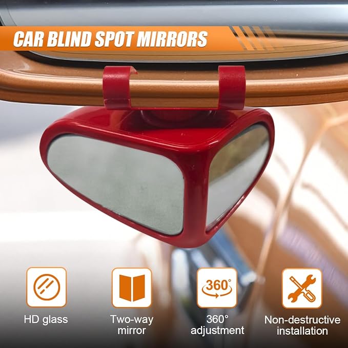 YoRise 2PCS Car Blind Spot Mirrors, 360° Adjustable Wide Angle Auxiliary Rear View Mirror, HD Glass Side Mirror Blindspot, Universal Car Convex Mirrors for Most Vehicles (Red)