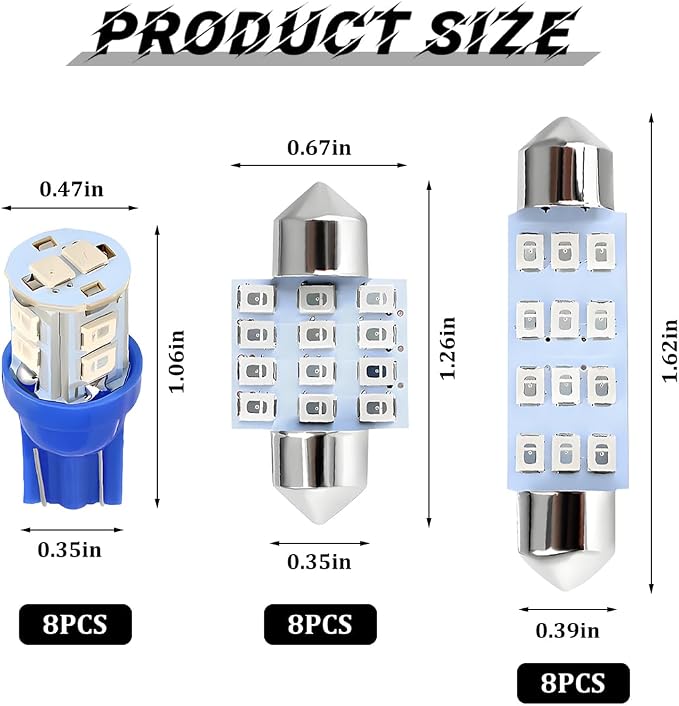 24PCS LED Interior Car Lights, T10 31mm 41mm Dome Bulb Kit, Blue | 194 168 2825 DE3175 578 sockets, alloy PCB, output for map trunk license tag, plug in, automotive accessories