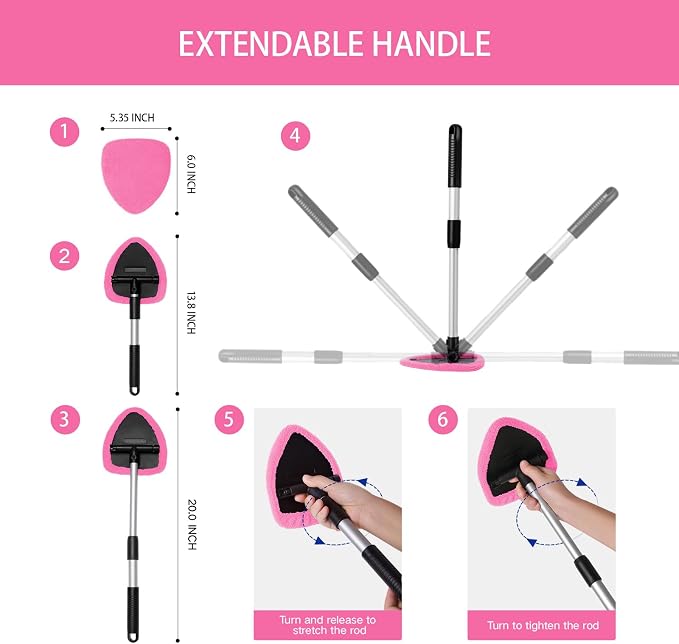 7pcs Windshield Cleaner Tool Car Window Cleaning Wash Kit with 4 Reusable Microfiber Pads 1 Spray Bottle and Extendable Handle Auto Glass Wiper Kit, Pink