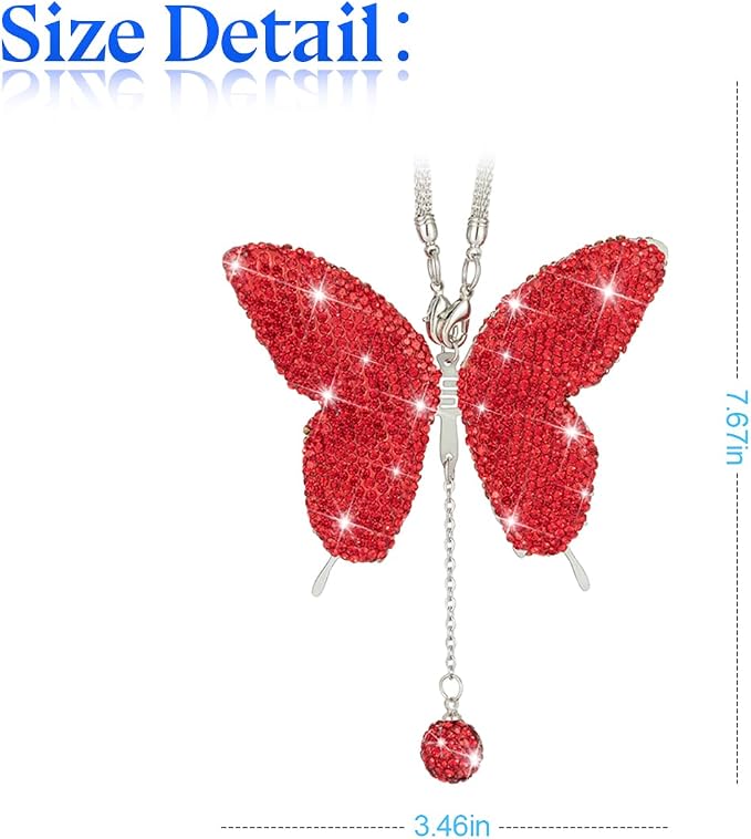 Bling Butterfly Diamond Car Accessories, Crystal Car Rear View Mirror Charms for Women, Car Decoration Lucky Gifts Hanging Interior Crystal Ornament Pendant Decor for All Cars (Red)