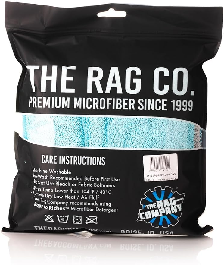 The Liquid8r, Absorbent 70/30 Blend Microfiber Drying Towel for Cars, Trucks, and SUVs, Safe for Detailing, Scratch-Free, Twist Loop, 1100 GSM, 16x16 Inches, Aqua Blue/Grey, 2-Pack