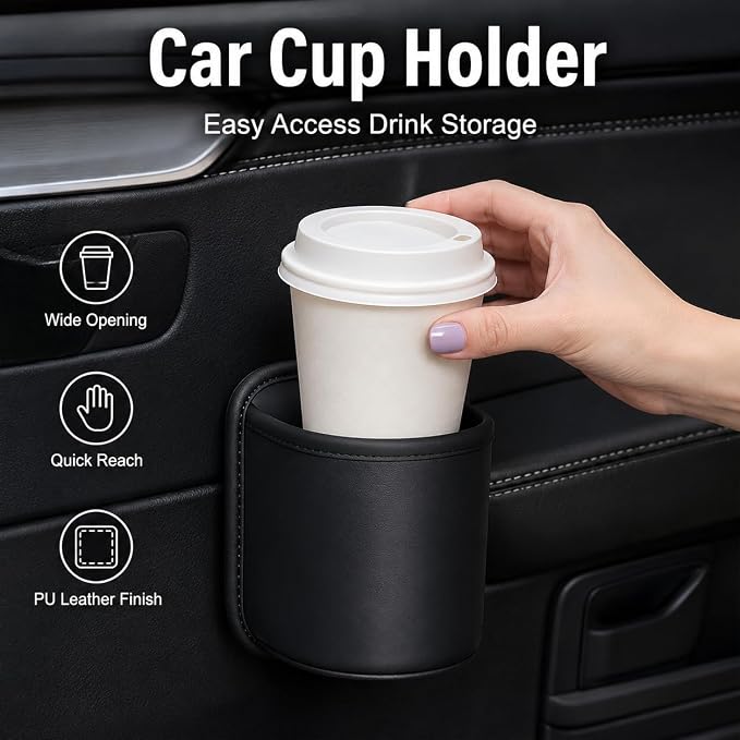 2 Pack Extra Cup Holder for Car, Clip-On Car Door Cup Holder Organizer, PU Leather Car Drink Holder for Small Bottle Coffee Cup Phone Keys Cards, Automotive Seat Pocket Storage, Black