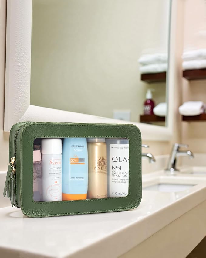 Clear Makeup Bags,TSA Approved Toiletry Bag with Zipper,Sunscreen Bag Clear Makeup Toiletry Pouch Beach Vacation Essentials for Women Teen Girls Gifts(Vintage Green)