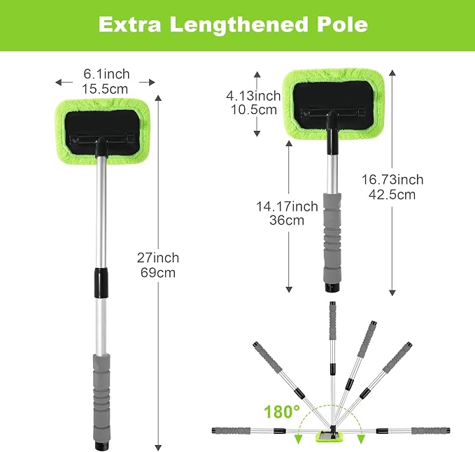 XINDELL Windshield Cleaner Tool – Car Window Cleaning Tool 27inch Extendable Long Handle for Easy Cleaning, 9pcs Reusable Microfiber Pads, Streak-Free Interior & Exterior Auto Glass Cleaner (Green)