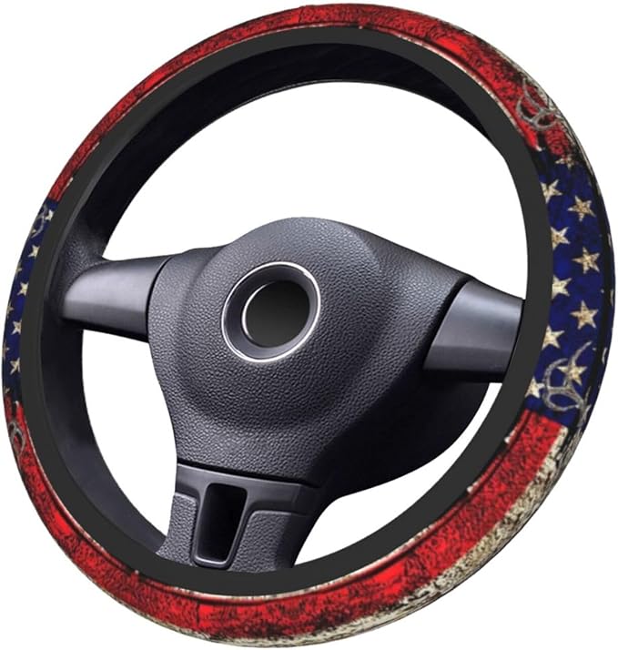 American Flag Deer Camo Retro Steering Wheel Cover Car Accessories Cute for Women Girls Girly Universal 15 Inch Neoprene Auto Interior Decor Anti Slip Car Truck Protector