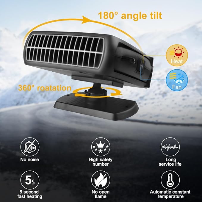 Car Heater, 200W 12V Portable Windshield Defogger and Defroster，2 in 1 Modes Fast Heating &Cooling Fanswith Cigarette Lighter Plug 360 Degree Rotary Base（Black）