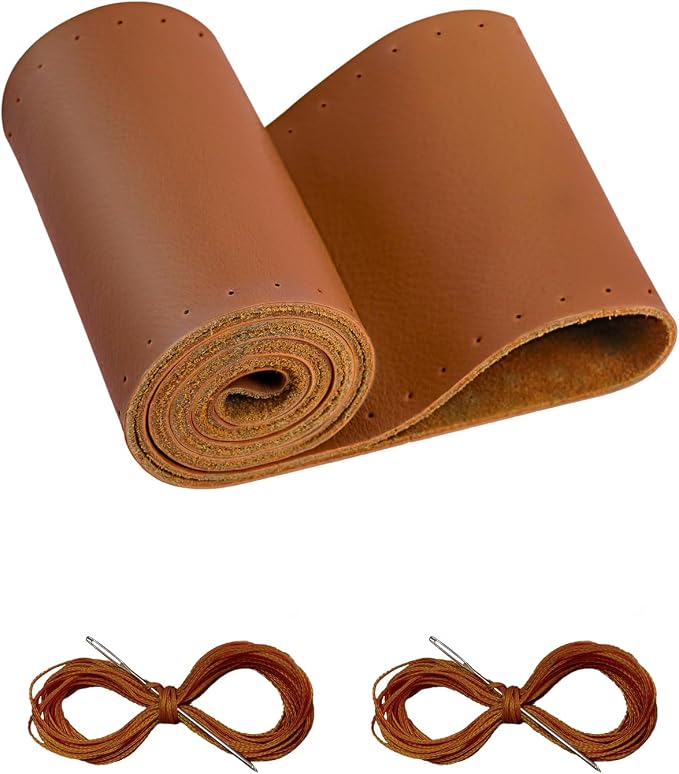 Leather Steering Wheel Cover Lace Up, Stitch on Steering Wheel Wrap, Universal Fit 13-20 Inch Car Truck Pickup Boat, A Whole Piece of Cowhide, DIY w/Needle Thread (Size S4, Brown)