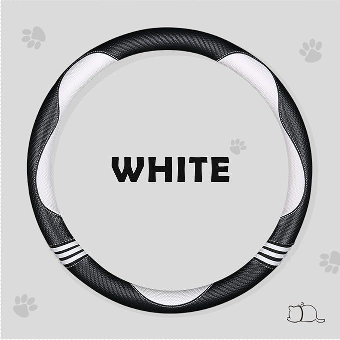 Car Steering Wheel Covers for Women Girl Padded Carbon Fiber PU Leather Cute Cartoon Auto Interior Accessories for Jeep, Truck, Universal, Anti Slip, White, Large Size, 15.2-16in
