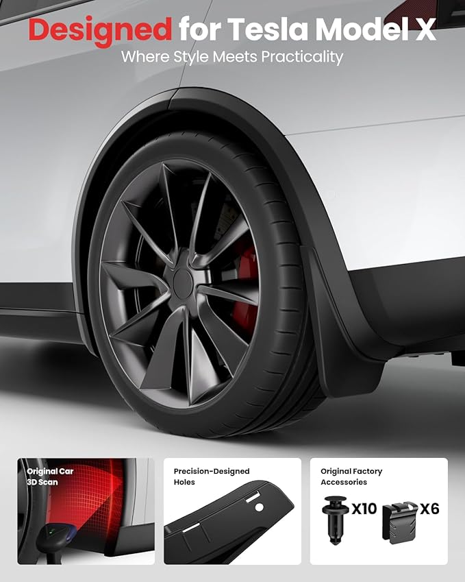 2026 Tesla Model X Accessories - Mud Flaps [Protect Paint, No Drilling Required] All-Weather Splash Guard Body Kits for Model X 2022-2026, Black (Set of 4)