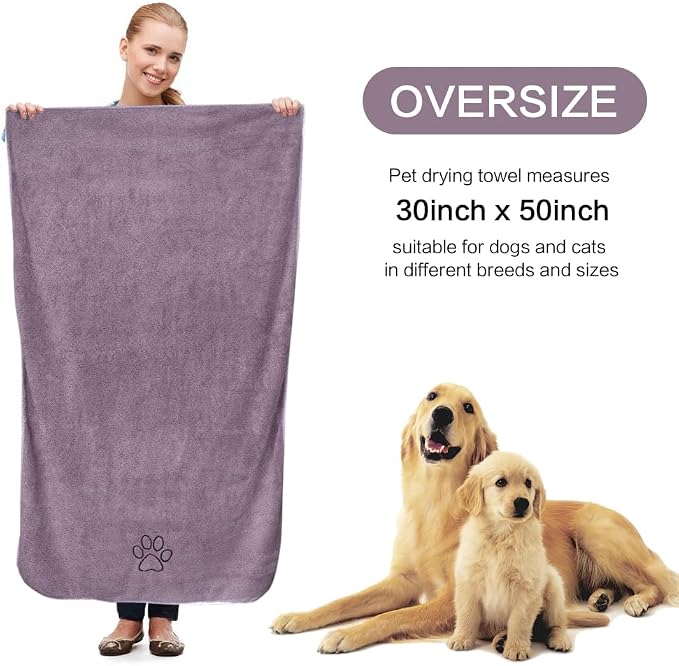 Dog Towel Super Absorbent Pet Bath Towel Microfiber Dog Drying Towel for Small, Medium, Large Dogs and Cats 30inch x 50inch Purple